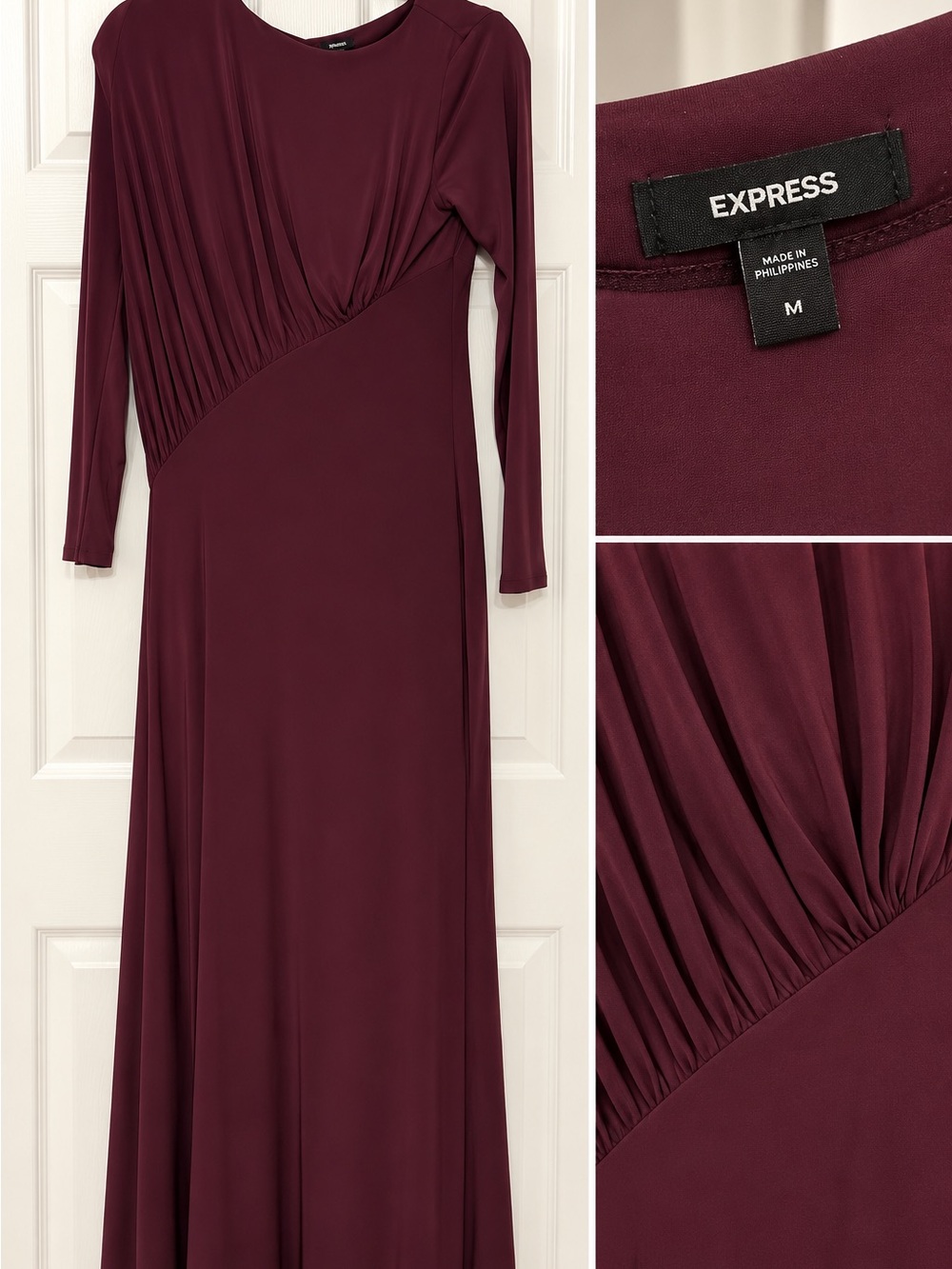 Express Burgundy Long Sleeve Maxi Dress with Diagonal Pleat Detail